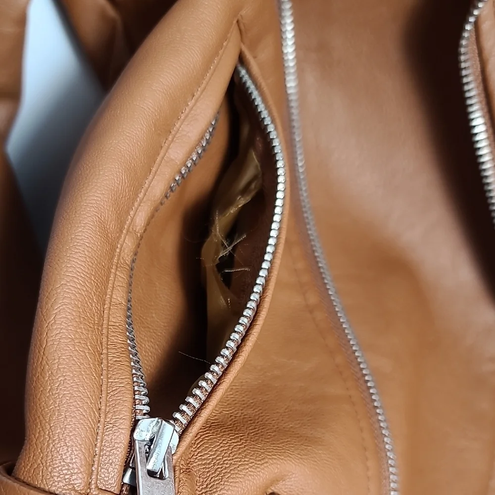 LOVE TREE Tan Vegan Leather Moto Jacket Brown Zip Up Size Small - Picture 16 of 16